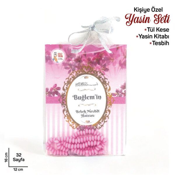 Hediyelik Pembe Renk Çiçek Motifli Yasin Cüzü Tesbihli Mevlüt Seti - 10'lu Paket