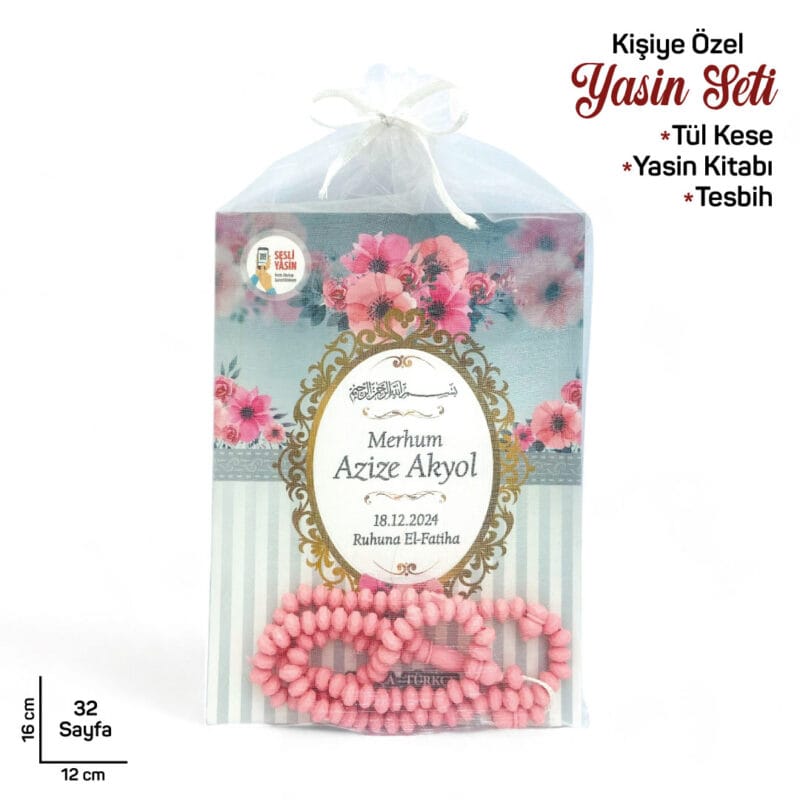 Hediyelik Gri Renk Çiçek Motifli Yasin Cüzü Tesbihli Mevlüt Seti - 10'lu Paket