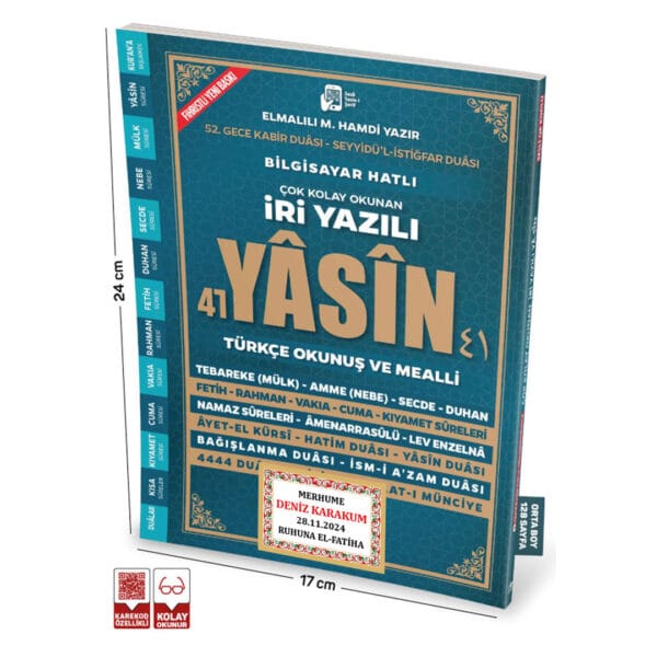 Sesli Yasini Şerif Arapça Türkçe Okunuşlu ve Mealli İri Yazılı Orta Boy 192 Sayfa İsimli Etiket