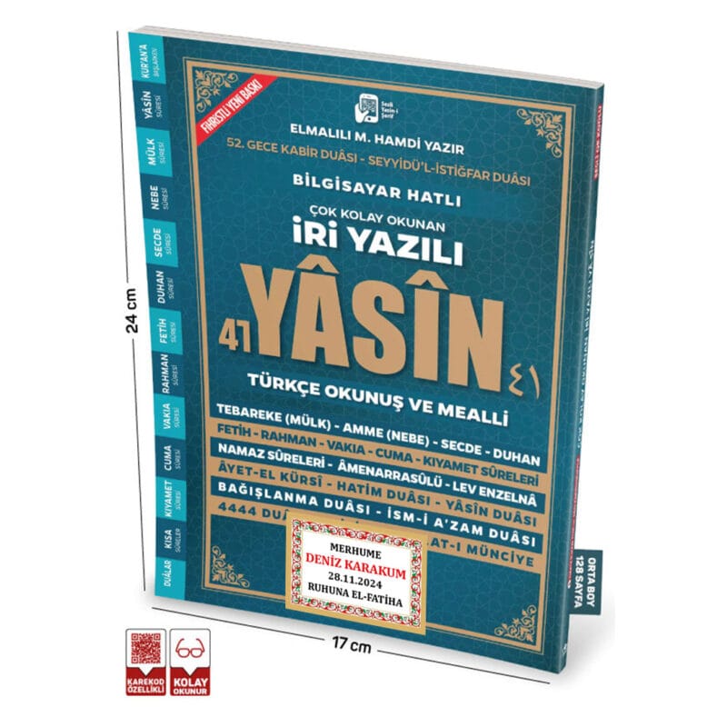 Sesli Yasini Şerif Arapça Türkçe Okunuşlu ve Mealli İri Yazılı Orta Boy 192 Sayfa İsimli Etiket