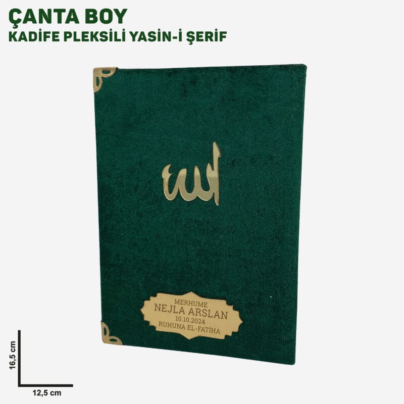 Kadife Kaplı Yasin Kitabı Yeşil Renk Pleksi isimli ve Allah Lafızlı 13