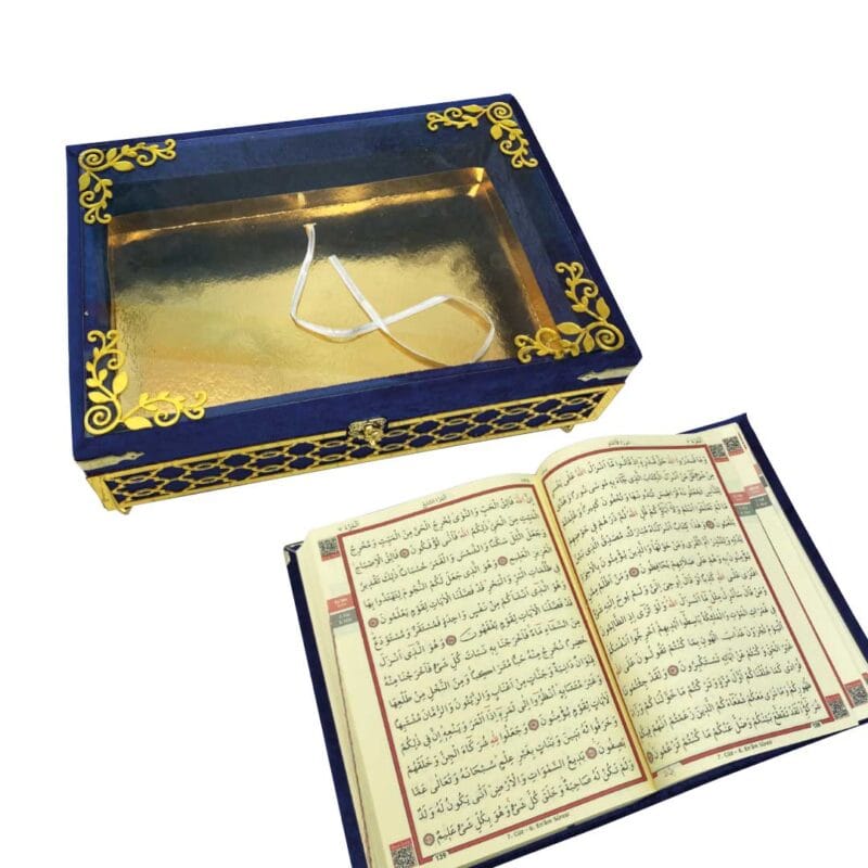Ayaklı Şeffaf Pleksili Kadife Sandıklı Kur’ân-ı Kerim Lacivert - Görsel 2