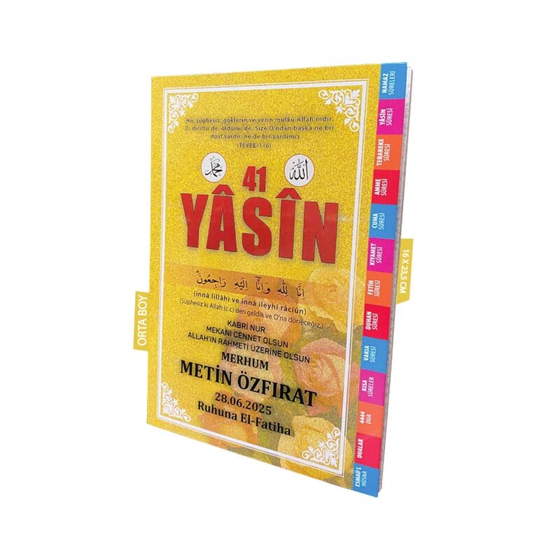 Özel Örtücü Etiketli Yasini Şerif Açıklamalı ve Mealli Orta Boy Sarı Renk