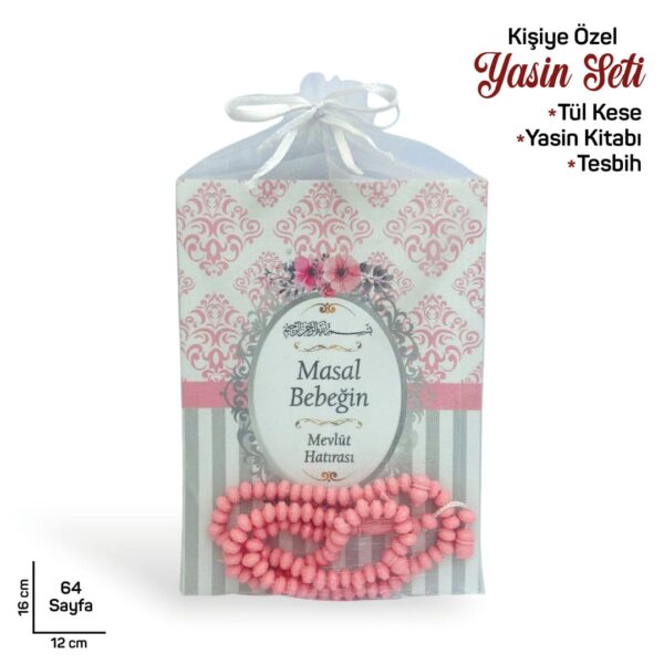 Hediyelik Pembe Gri Renk 64 Sf. Yasin Cüzü Tesbihli Mevlüt Seti - 10'lu Paket